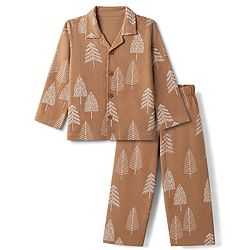 Babyhug 100% Cotton Knit Full Sleeves Co-Ords Shirt & Pyjama Night Suit with Tropical Print - Brown