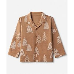Babyhug 100% Cotton Knit Full Sleeves Co-Ords Shirt & Pyjama Night Suit with Tropical Print - Brown