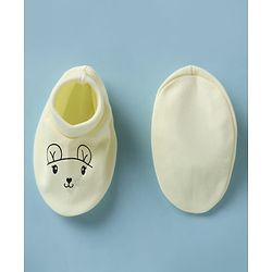 Babyhug 100% Cotton Interlock Knit Mittens & Booties with Bunny Print - Yellow