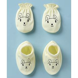 Babyhug 100% Cotton Interlock Knit Mittens & Booties with Bunny Print - Yellow