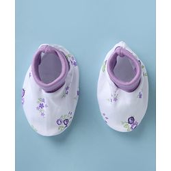 Babyhug 100% Cotton Interlock Knit Mittens & Booties with Floral Print - Lilac