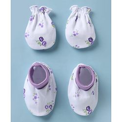 Babyhug 100% Cotton Interlock Knit Mittens & Booties with Floral Print - Lilac
