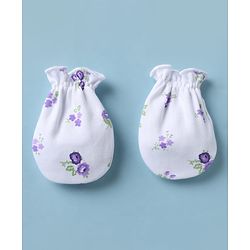 Babyhug 100% Cotton Interlock Knit Mittens & Booties with Floral Print - Lilac