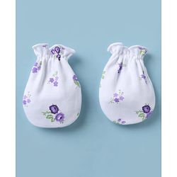Babyhug 100% Cotton Interlock Knit Mittens & Booties with Floral Print - Lilac