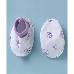 Babyhug 100% Cotton Interlock Knit Mittens & Booties with Floral Print - Lilac