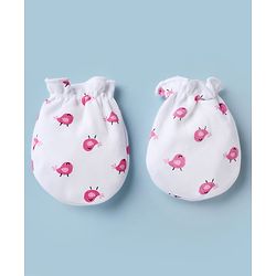 Babyhug 100% Cotton Interlock Knit Mittens & Booties with Little Birdie Print - White