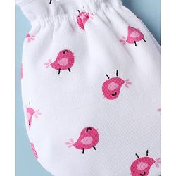 Babyhug 100% Cotton Interlock Knit Mittens & Booties with Little Birdie Print - White