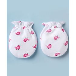 Babyhug 100% Cotton Interlock Knit Mittens & Booties with Little Birdie Print - White