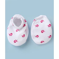 Babyhug 100% Cotton Interlock Knit Mittens & Booties with Little Birdie Print - White