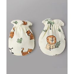Babyhug 100% Cotton Interlock Knit Mittens & Booties With Animal Print - White