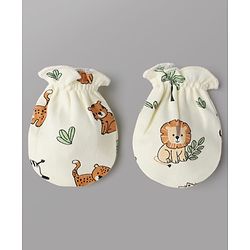 Babyhug 100% Cotton Interlock Knit Mittens & Booties With Animal Print - White