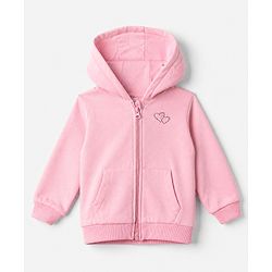 Babyhug Cotton Blend Heavy Gauge Warm Fleece Knit Sweatshirt with Full Sleeves, Front Zipper and Hearts Sequins - Light Pink