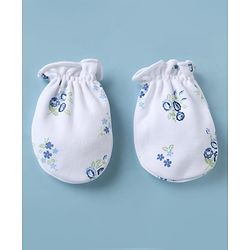 Babyhug 100% Cotton Interlock Knit Cap, Mittens & Booties with Floral Print White - Diameter 15 cm