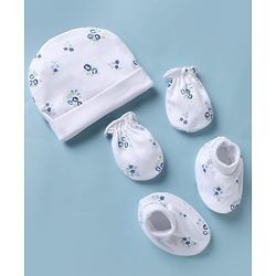 Babyhug 100% Cotton Interlock Knit Cap, Mittens & Booties with Floral Print White - Diameter 15 cm
