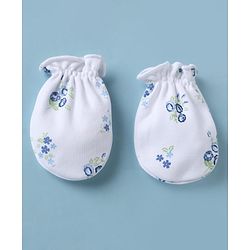 Babyhug 100% Cotton Interlock Knit Cap, Mittens & Booties with Floral Print White - Diameter 15 cm