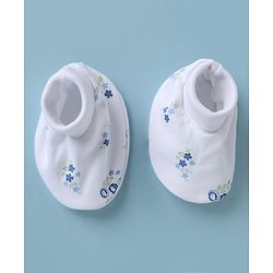 Babyhug 100% Cotton Interlock Knit Cap, Mittens & Booties with Floral Print White - Diameter 15 cm