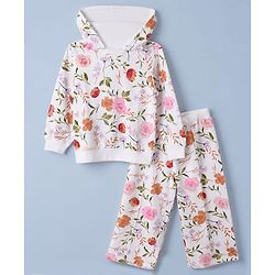 Babyhug 100% Cotton Terry Knit Full Sleeves Hooded Top & Pants Co-Ords Set With Floral Print - Cream