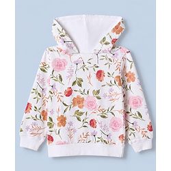 Babyhug 100% Cotton Terry Knit Full Sleeves Hooded Top & Pants Co-Ords Set With Floral Print - Cream