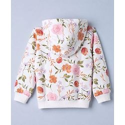 Babyhug 100% Cotton Terry Knit Full Sleeves Hooded Top & Pants Co-Ords Set With Floral Print - Cream