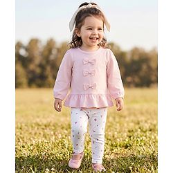 Babyhug 100% Cotton Single Jersey Knit Top and Legging with Full Sleeves and Bow Applique and Floral Print - Pink