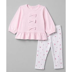 Babyhug 100% Cotton Single Jersey Knit Top and Legging with Full Sleeves and Bow Applique and Floral Print - Pink