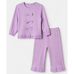 Babyhug 100% Cotton Rib Knit Full Sleeves Top and Leggings with Bow Applique - Lavender