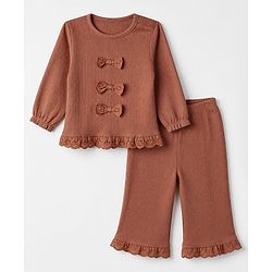 Babyhug 100% Cotton Rib Knit Full Sleeves Top and Leggings with Bow Applique - Brown