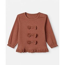 Babyhug 100% Cotton Rib Knit Full Sleeves Top and Leggings with Bow Applique - Brown