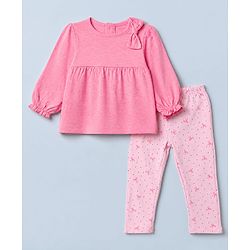 Babyhug 100% Cotton Single Jersey Knit Top and Leggings with Full Sleeves and Bow Applique with Bow and Polka Dots Print - Pink