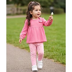Babyhug 100% Cotton Single Jersey Knit Top and Leggings with Full Sleeves and Bow Applique with Bow and Polka Dots Print - Pink