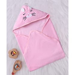 Babyhug Knit Hooded Towel With Animal Embroidery L 81 x B 81 cm - Pink