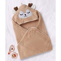 Babyhug Knit Soft Microfiber Hooded Towel With Animal Print & Applique L 80 x B 80 cm - Beige