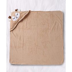 Babyhug Knit Soft Microfiber Hooded Towel With Animal Print & Applique L 80 x B 80 cm - Beige