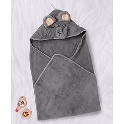 Babyhug Knit Soft Microfiber Hooded Towel With Elephant Print & Embroidery L 80 x B 80 cm - Grey