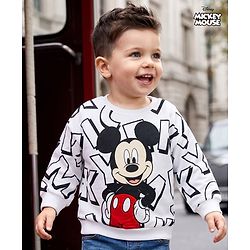Babyhug Disney Cotton Terry Knit Drop Shoulder Sweatshirt with Full Sleeves and Mickey Mouse Graphic - White
