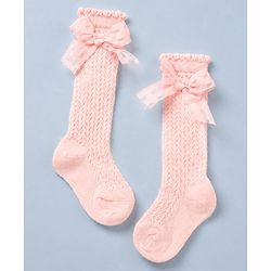 Cute Walk by Babyhug Cotton Cable Knit Calf Length Socks with Bow Applique in Pink