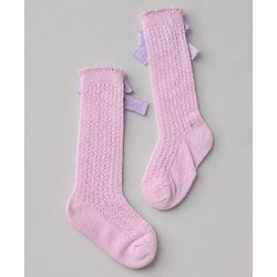 Cute Walk by Babyhug Cotton Cable Knit Calf Length Socks with Bow Applique in Pink