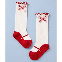 Cute Walk by Babyhug Cotton Knit Mid-Calf Socks with Bow Applique in Red