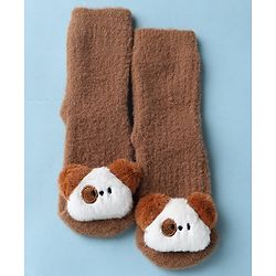 Cute Walk by Babyhug Knit Mid Calf Length Woolen Socks With Puppy Applique - Brown