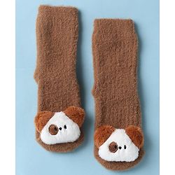 Cute Walk by Babyhug Knit Mid Calf Length Woolen Socks With Puppy Applique - Brown
