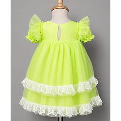 Babyhug Solid Mesh Woven and Lace Puff Sleeves Party Dress with  Bow Applique - Green
