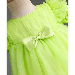 Babyhug Solid Mesh Woven and Lace Puff Sleeves Party Dress with  Bow Applique - Green