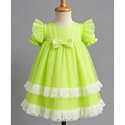 Babyhug Solid Mesh Woven and Lace Puff Sleeves Party Dress with  Bow Applique - Green