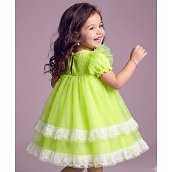 Babyhug Solid Mesh Woven and Lace Puff Sleeves Party Dress with  Bow Applique - Green