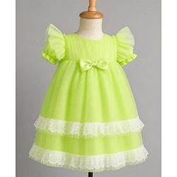 Babyhug Solid Mesh Woven and Lace Puff Sleeves Party Dress with  Bow Applique - Green