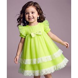Babyhug Solid Mesh Woven and Lace Puff Sleeves Party Dress with  Bow Applique - Green