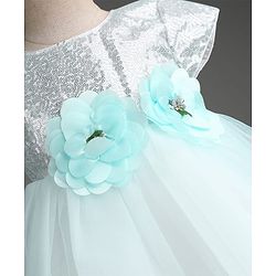 Babyhug Solid Mesh Woven and Sequins York Cap Sleeves Party Dress with Floral Applique - Blue