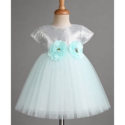 Babyhug Solid Mesh Woven and Sequins York Cap Sleeves Party Dress with Floral Applique - Blue