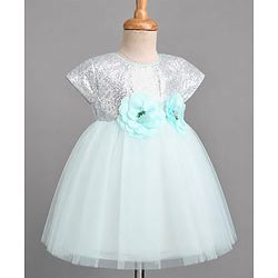 Babyhug Solid Mesh Woven and Sequins York Cap Sleeves Party Dress with Floral Applique - Blue