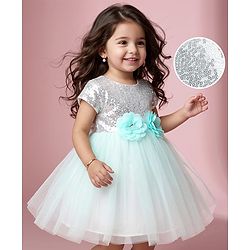 Babyhug Solid Mesh Woven and Sequins York Cap Sleeves Party Dress with Floral Applique - Blue